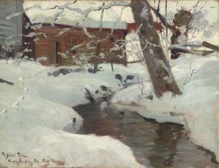 Frits Thaulow - A Snow-covered Cottage by a Stream