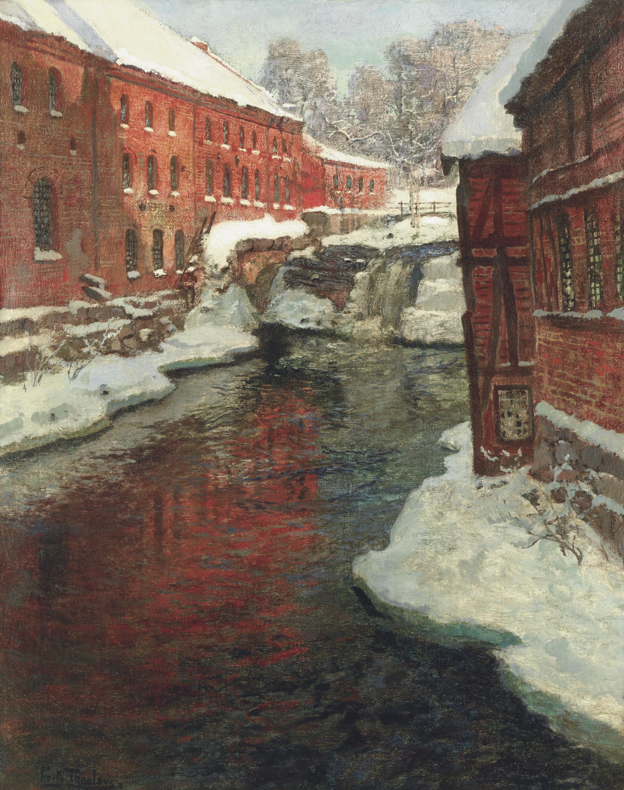 Frits Thaulow - Snødekt by med elv og foss (Snow-covered town with waterfall)