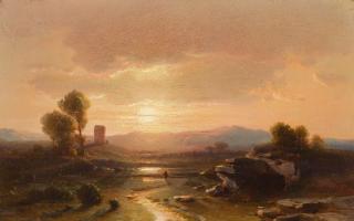 Fritz Bamberger - Flusslandschaft mit Wanderer bei untergehender Sonne.