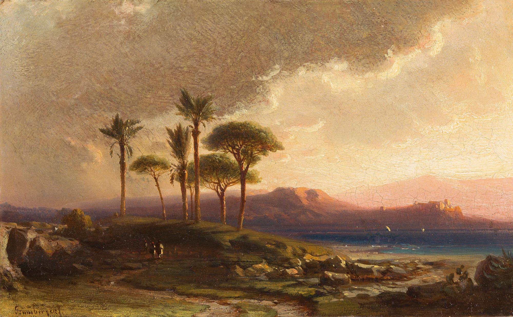 Fritz Bamberger - Spanische Küstenlandschaft mit Palmen.