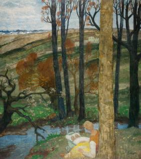 Fritz Erler - Frau mit Kindern am Bach zum Frühlingsanfang