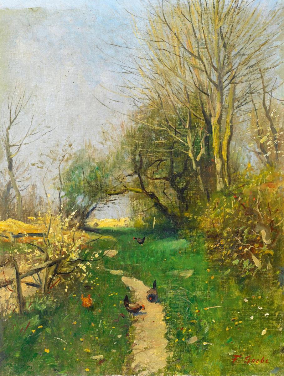 Fritz Grebe - Bauerngarten mit Hühnern.