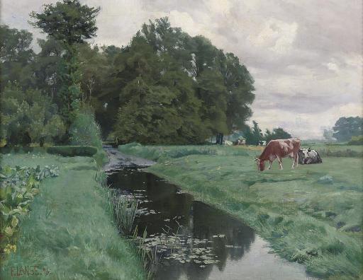 Fritz Lange - Cows grazing by a waterway