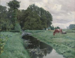 Fritz Lange - Cows grazing by a waterway