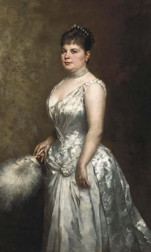 Fritz Paulsen - Portrait of an elegant lady wearing a white evening dress
