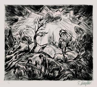 Fritz Schaefler - 6 Bll.: Untergehende Sonne. Landschaft mit Bauern. Sonnenuntergang mit Schafherde. Hiob. Sonnenuntergang (mit Spaziergängern). Wasserfall