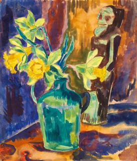 Fritz Schaefler - Stillleben mit Narzissen und ozeanischer Figur.