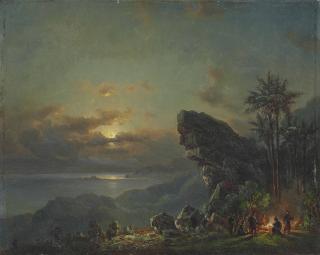 Fritz Sigfried George Melbye - Sunset On The Venezuelan Coast With A Hunting Party Around A Fire