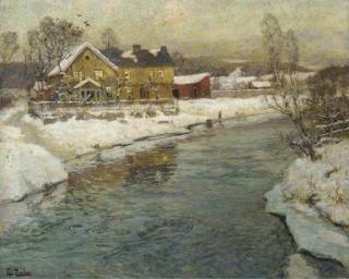Fritz Thaulow - A Cottage by a Canal in the Snow