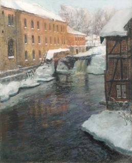 Fritz Thaulow - A River Cascade among Factory Buildings on a Winter\'s Day