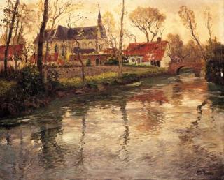Fritz Thaulow - A River Landscape with a Church Beyond