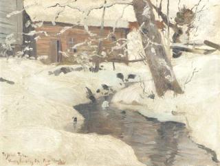 Fritz Thaulow - A snow-covered cottage by a stream