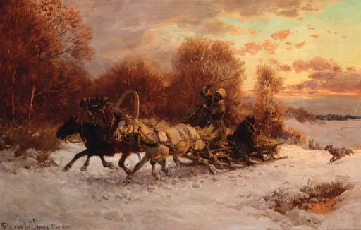 Fritz Van Der Venne - Hunters in a winter landscape being pursued by wolves