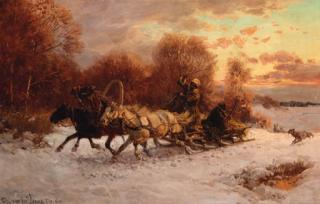 Fritz Van Der Venne - Hunters in a winter landscape being pursued by wolves