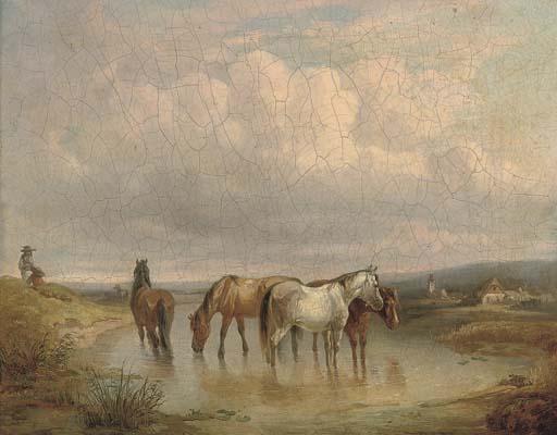 Fritz van der Venne - Ponies watering in an extensive landscape