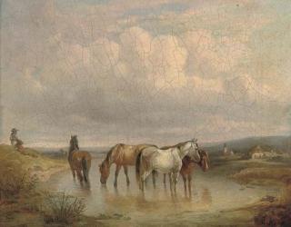 Fritz van der Venne - Ponies watering in an extensive landscape