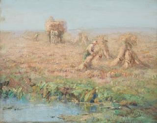 Fritz von Uhde - Getreideernte mit kleinem Gewässer im Vordergrund