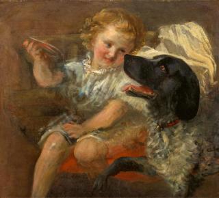 Fritz von Uhde - Mädchen mit einem Hund spielend (wohl Sophie, die jüngste Tochter des Künstlers)