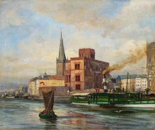 Fritz von Wille - Die Jungfernfahrt des Raddampfers Bismarck auf dem Rhein vor der Altstadt von Düsseldorf