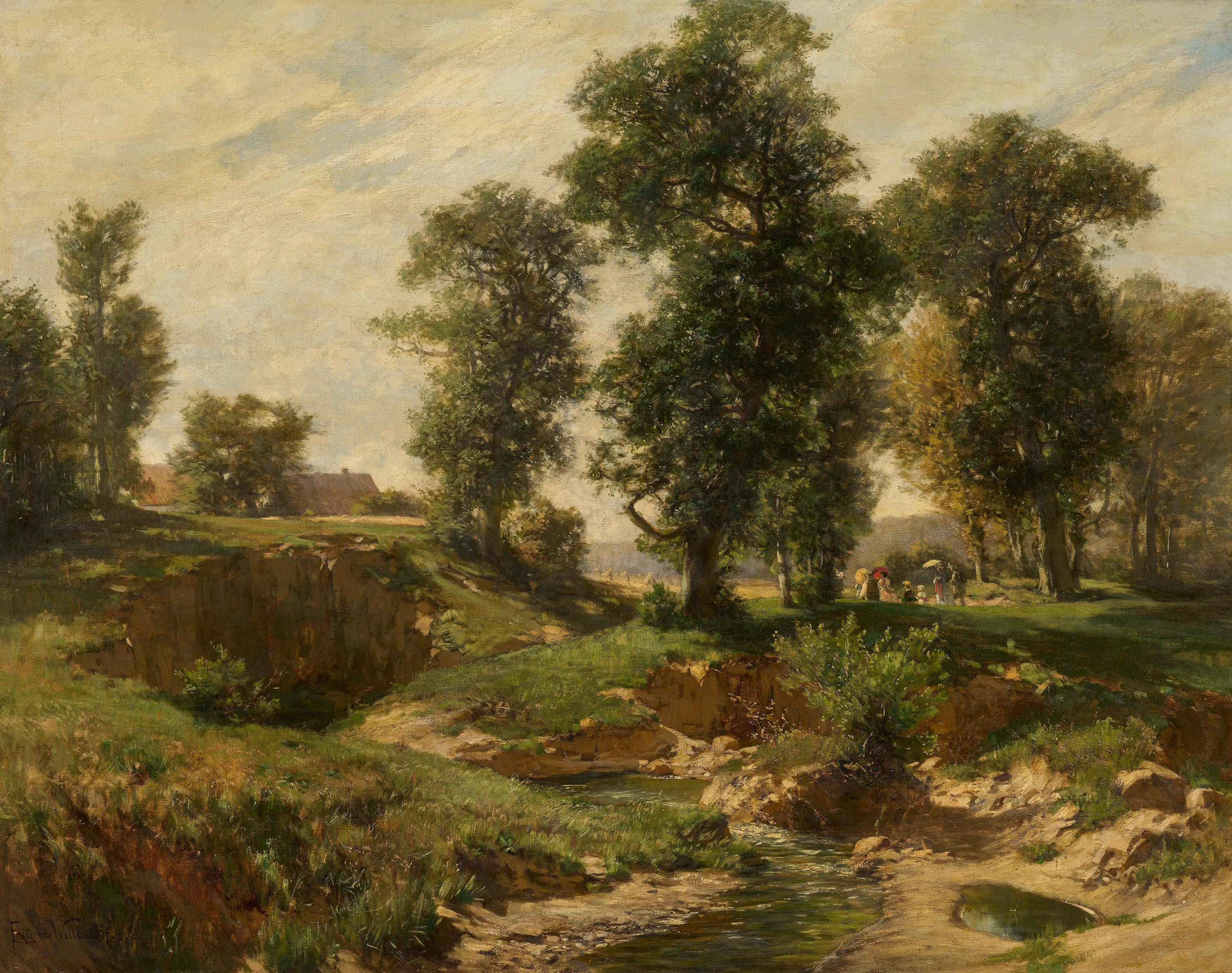 Fritz Von Wille - Gesellschaft beim Picknick unter Bäumen am Bachlauf.