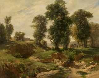 Fritz Von Wille - Gesellschaft beim Picknick unter Bäumen am Bachlauf.