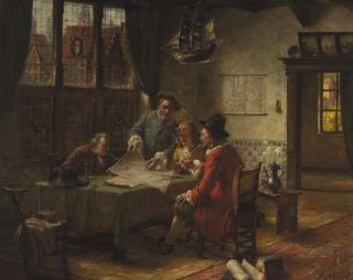 Fritz Wagner - A Dutch seventeenth century interior with gentlemen discussing a naval chart around a table