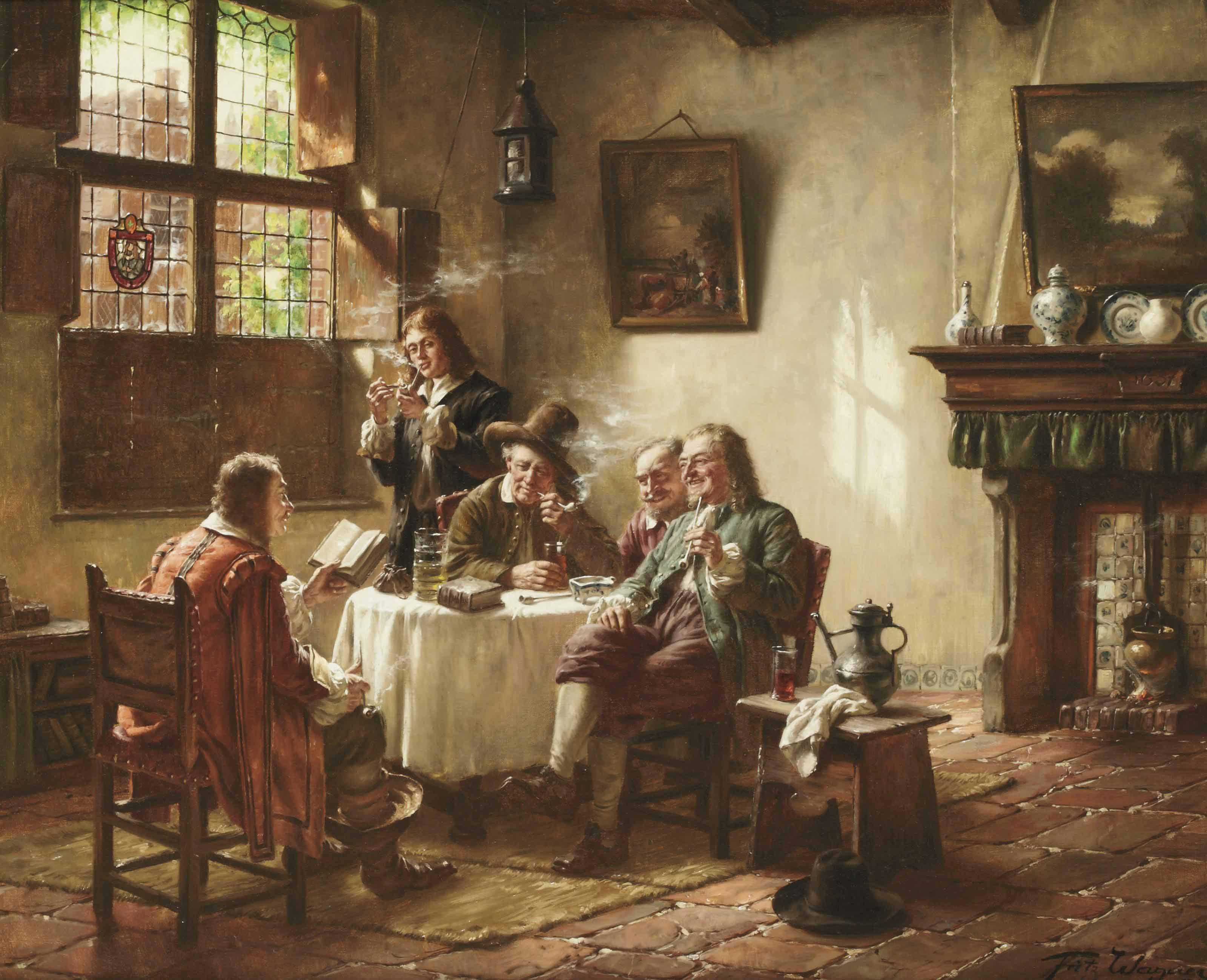 Fritz Wagner - A merry company, smoking and drinking in a sunlit interior