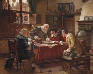 Fritz Wagner - An Interior With Men Conversing