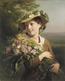 Fritz Zuber-Buhler - A Young Beauty holding a Bouquet of Flowers