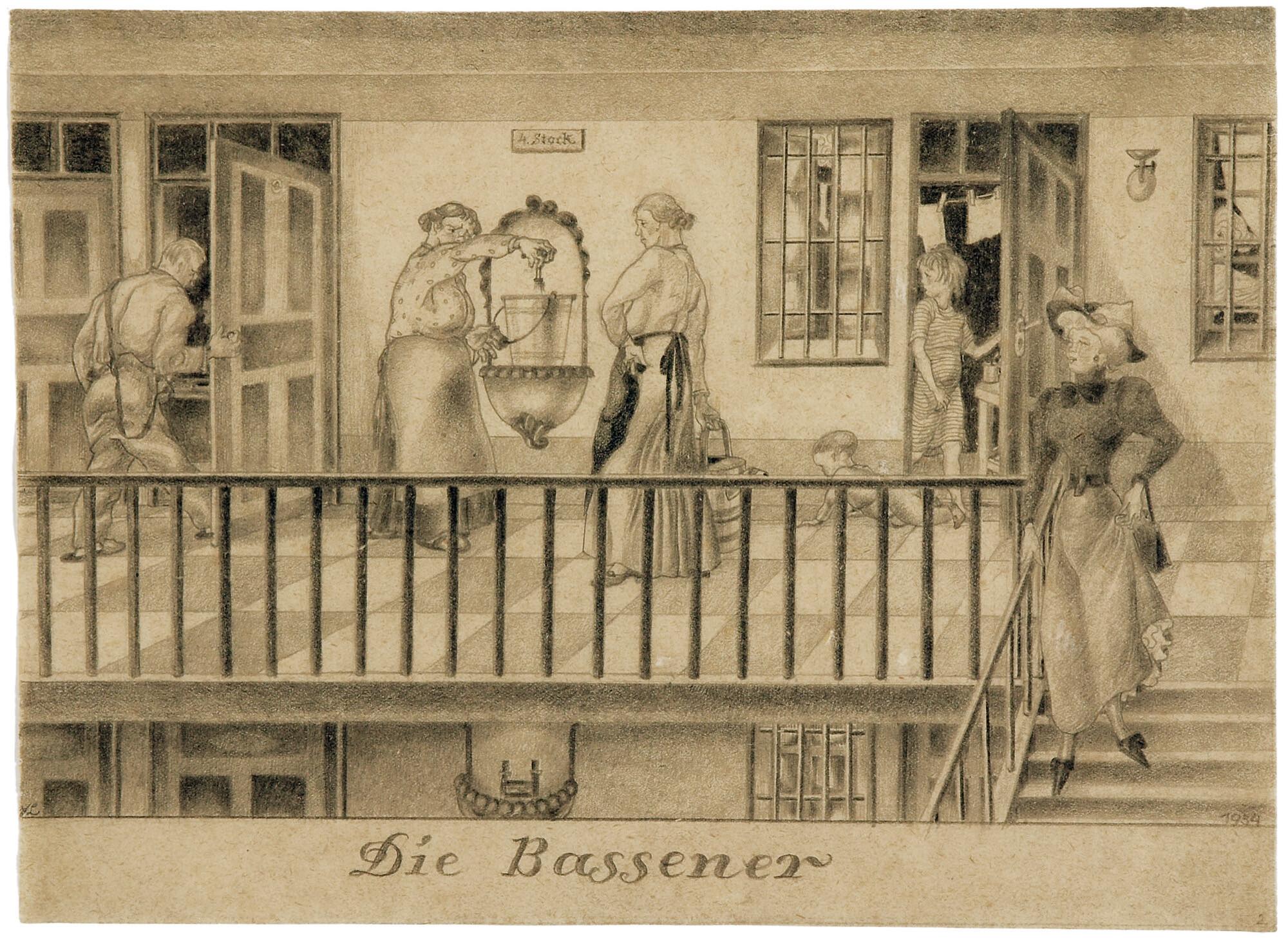 Fritzi Löw - „Die Bassener“: Szene in einem Altwiener Stiegenhaus.