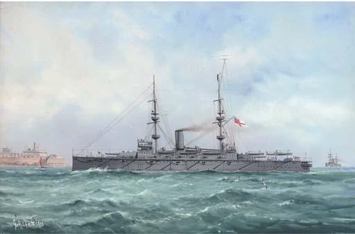 G. D\'Esposito - H.M.S. Caesar in the Mediterranean off Grand Harbour, Valetta