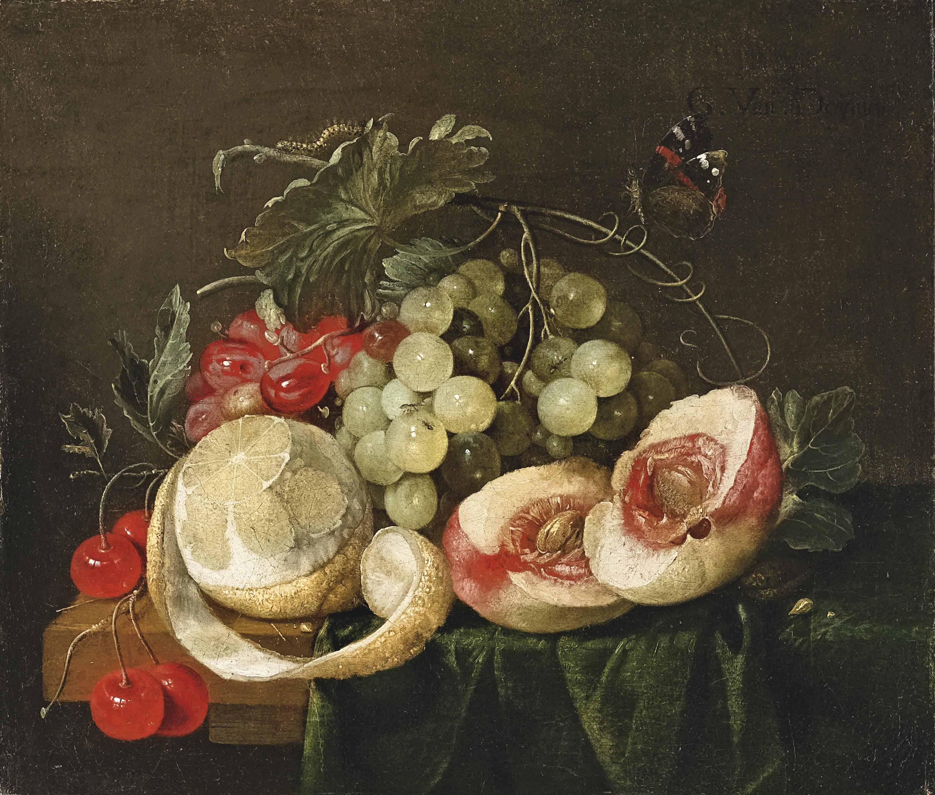 G. van Deynum - A peeled lemon, open peach, grapes and cherries, with a butterfly, on a partly-draped table