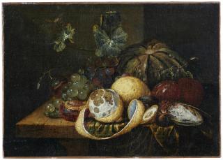 G. Van Deynum - A Peeled Lemon With Plums, Grapes And Other Fruit On A Draped Table