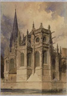 Gabriel-Auguste Ancelet - Vue extérieure de l\'abside d\'une église avec vitraux et gargouilles