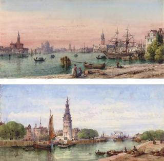 Gabriel Carelli - Figures on a quay overlooking the Bacino of San Marco, Venice; The Customs House, Amsterdam.