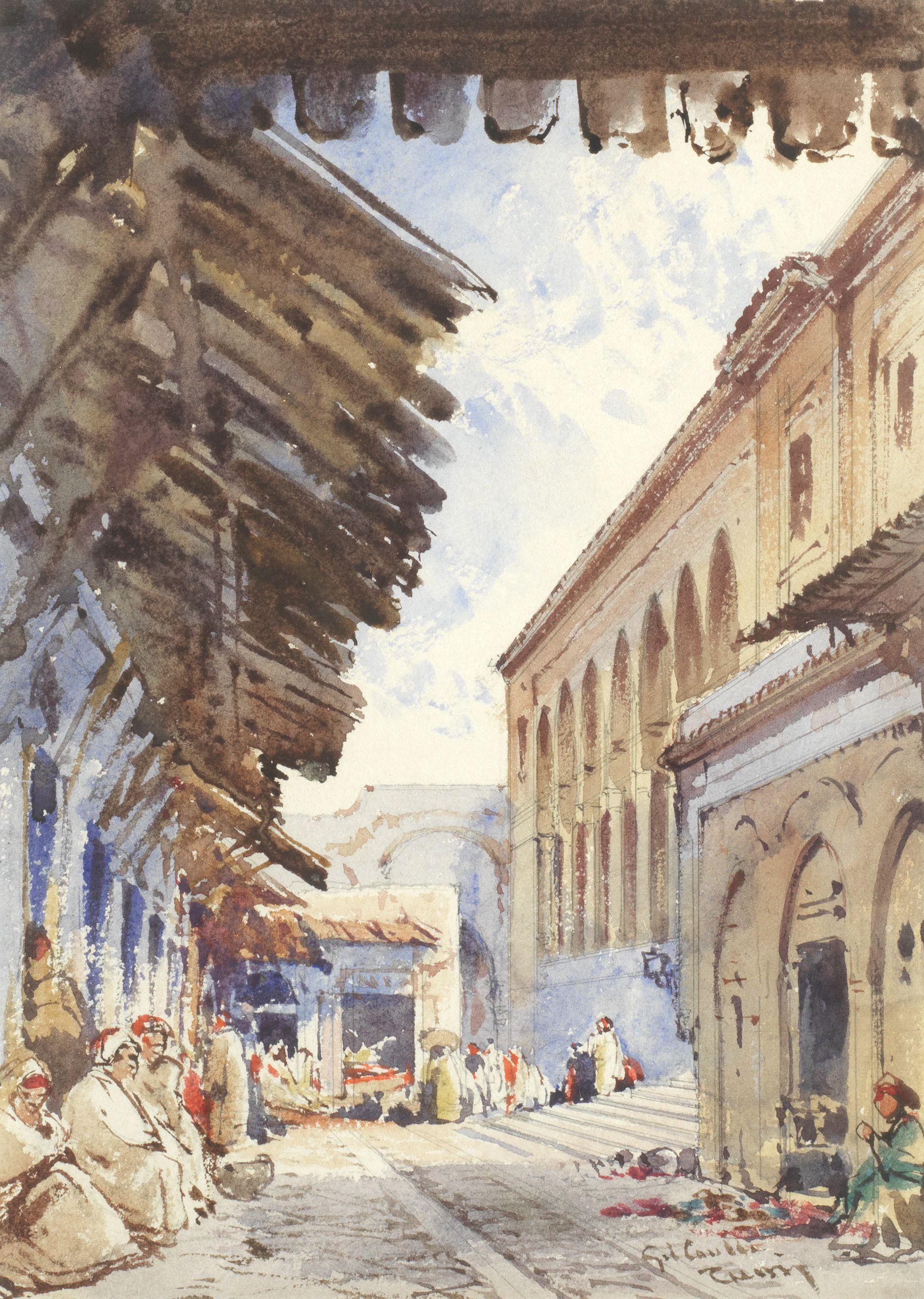 Gabriel Carelli - Sitting In The Shade Of A Side Street, Tunis; Courtyard Scene The First 24 X 17Cm (9 7/16 X 6 11/16In); The Second 21.5 X 14Cm (8 7/16 X 5 1/2In). (2)