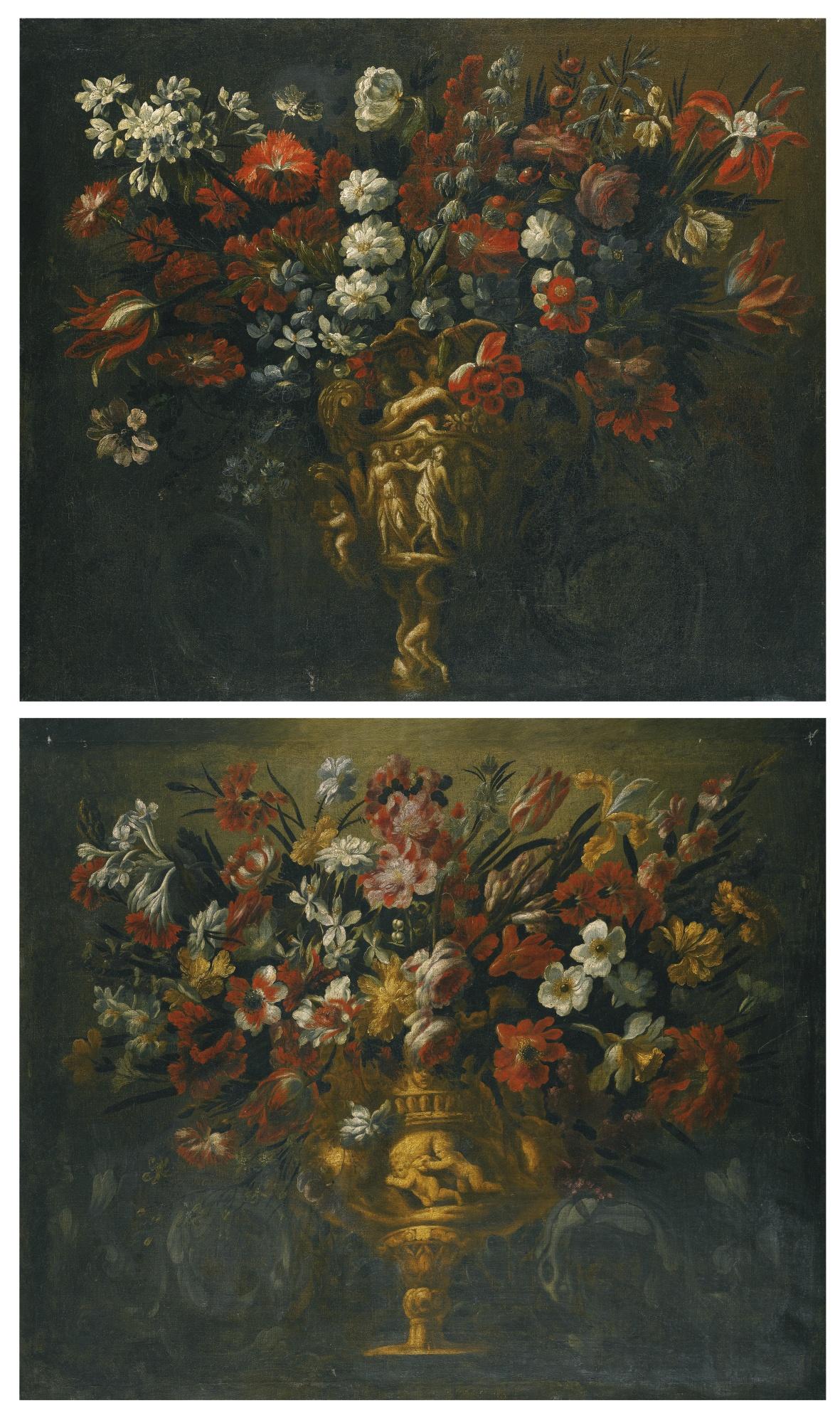 Gabriel de la Corte - A Pair Of Flower Still Lifes In Sculpted Vases, Flanked By Sculpted Scrollwork