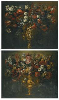 Gabriel de la Corte - A Pair Of Flower Still Lifes In Sculpted Vases, Flanked By Sculpted Scrollwork