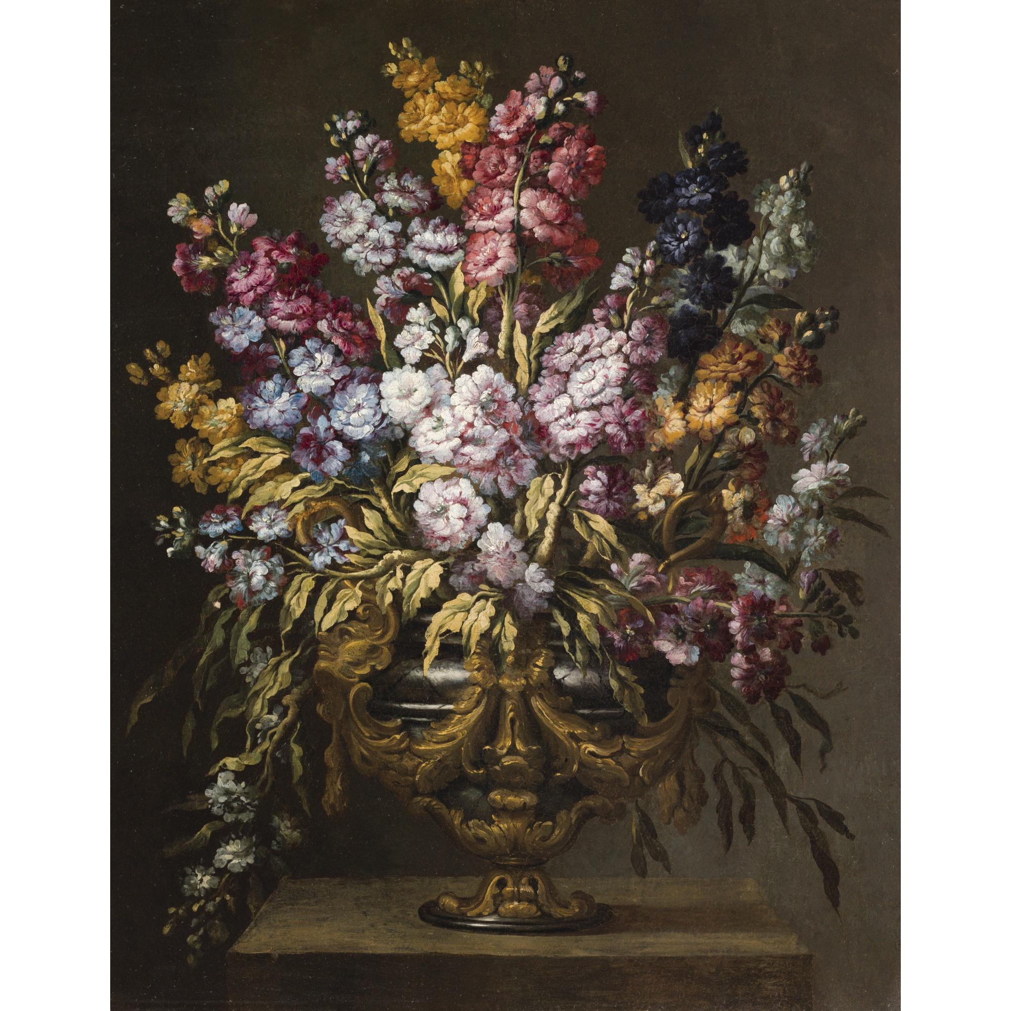 Gabriel De La Corte - A Pair Of Still Lifes Of Flowers In Elaborate Gilt Urns, Each On A Stone Pedestal