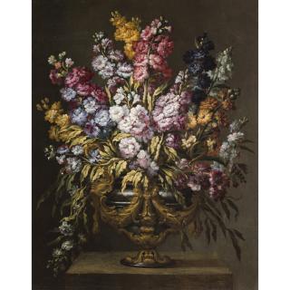 Gabriel De La Corte - A Pair Of Still Lifes Of Flowers In Elaborate Gilt Urns, Each On A Stone Pedestal