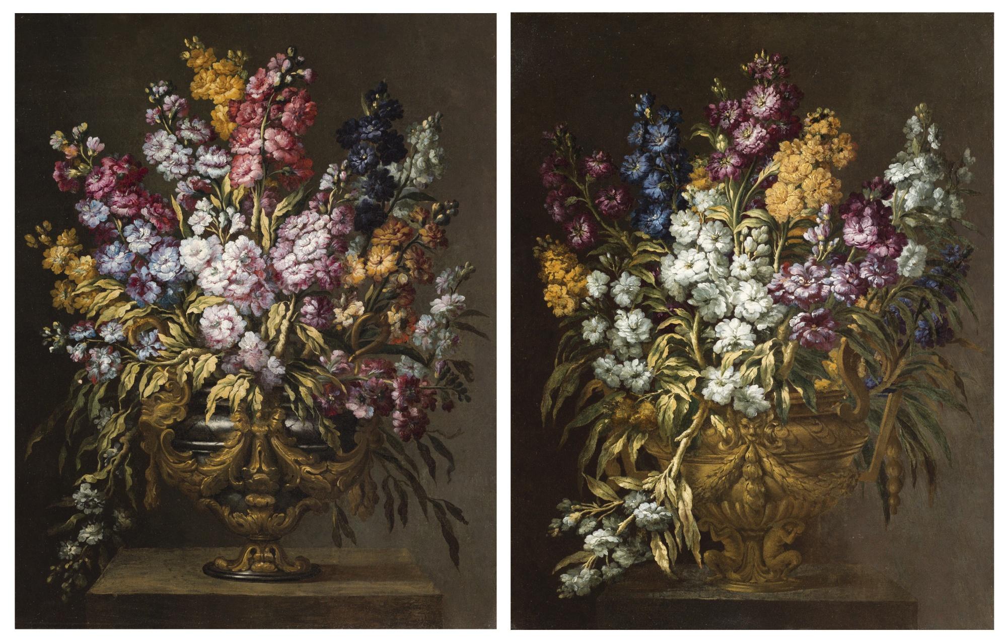 Gabriel de la Corte - A Pair Of Still Lifes Of Flowers In Elaborate Gilt Urns, Each On A Stone Pedestal
