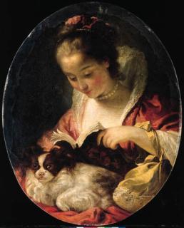 Gabriel-François Doyen - \'La Lecture\': A young woman reading with a dog on her knees