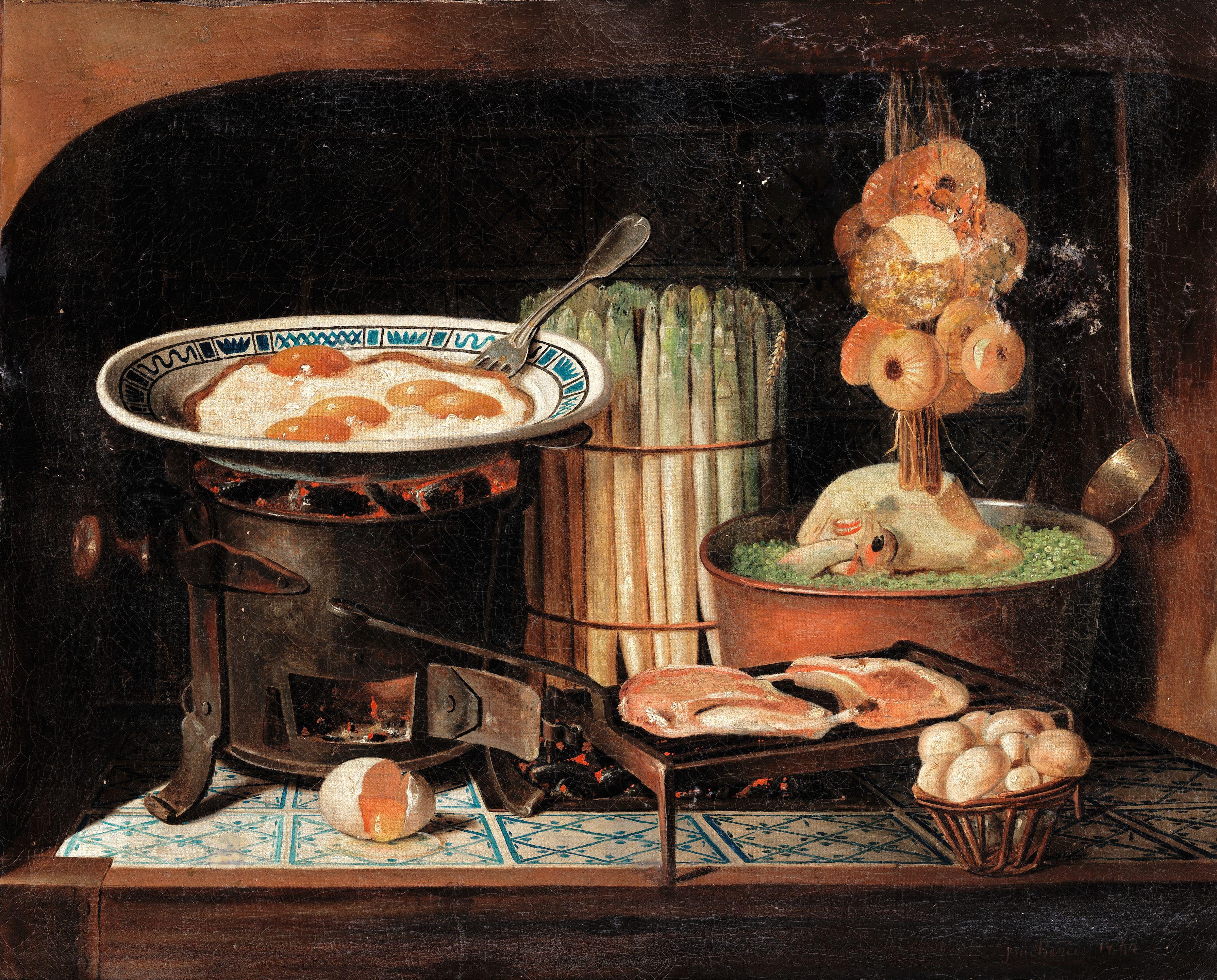 Gabriel-Germain Joncherie - Eggs Cooking On A Stove With Asparagus, Meat And Mushrooms