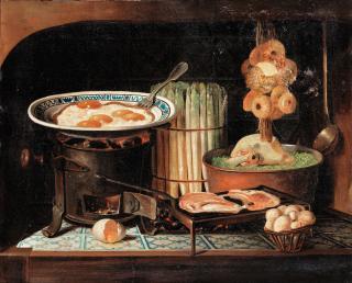 Gabriel-Germain Joncherie - Eggs Cooking On A Stove With Asparagus, Meat And Mushrooms