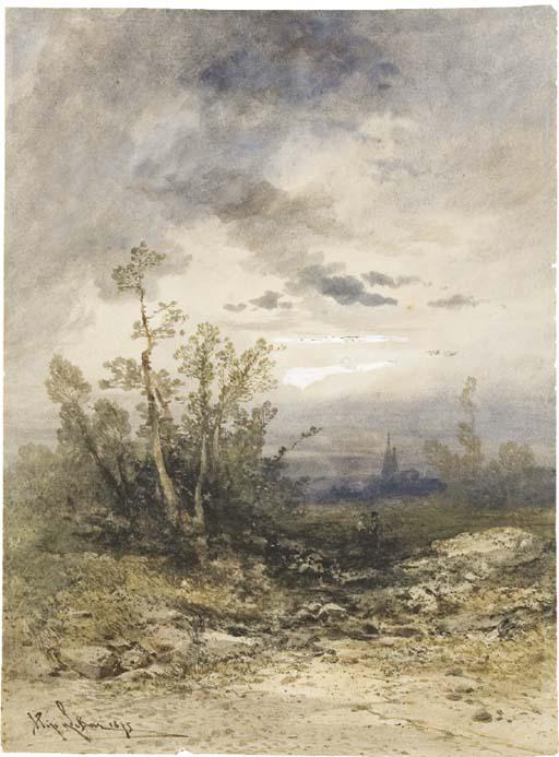 Gabriel-Hippolyte Lebas - Deux Personnages Dans Un Paysage Au Clair de Lune, Une Église À L\'Arrière-Plan