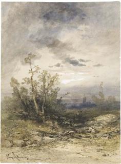 Gabriel-Hippolyte Lebas - Deux Personnages Dans Un Paysage Au Clair de Lune, Une Église À L\'Arrière-Plan