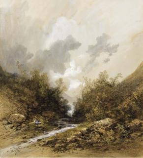 Gabriel-Hippolyte Lebas - Femme Assise Et Son Chien Au Bord D\'Une Rivière