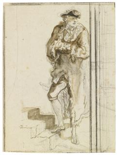 Gabriel-Jacques De Saint-Aubin - An Officer Pausing On Steps, His Hands In A Muff
