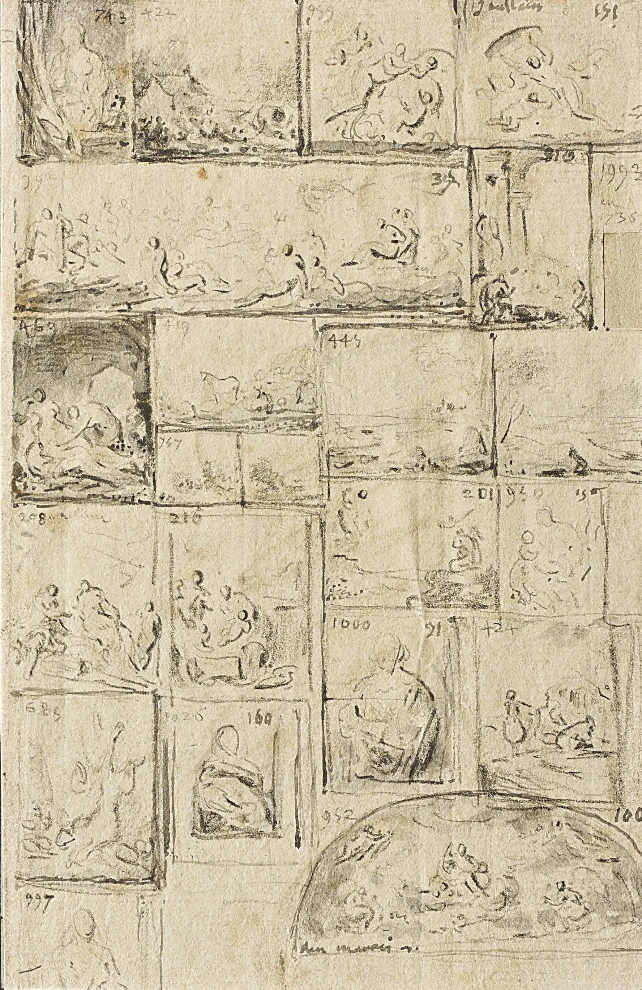 Gabriel-Jacques de Saint-Aubin - Feuille de croquis: peintures et dessins de la collection du Prince de Conti