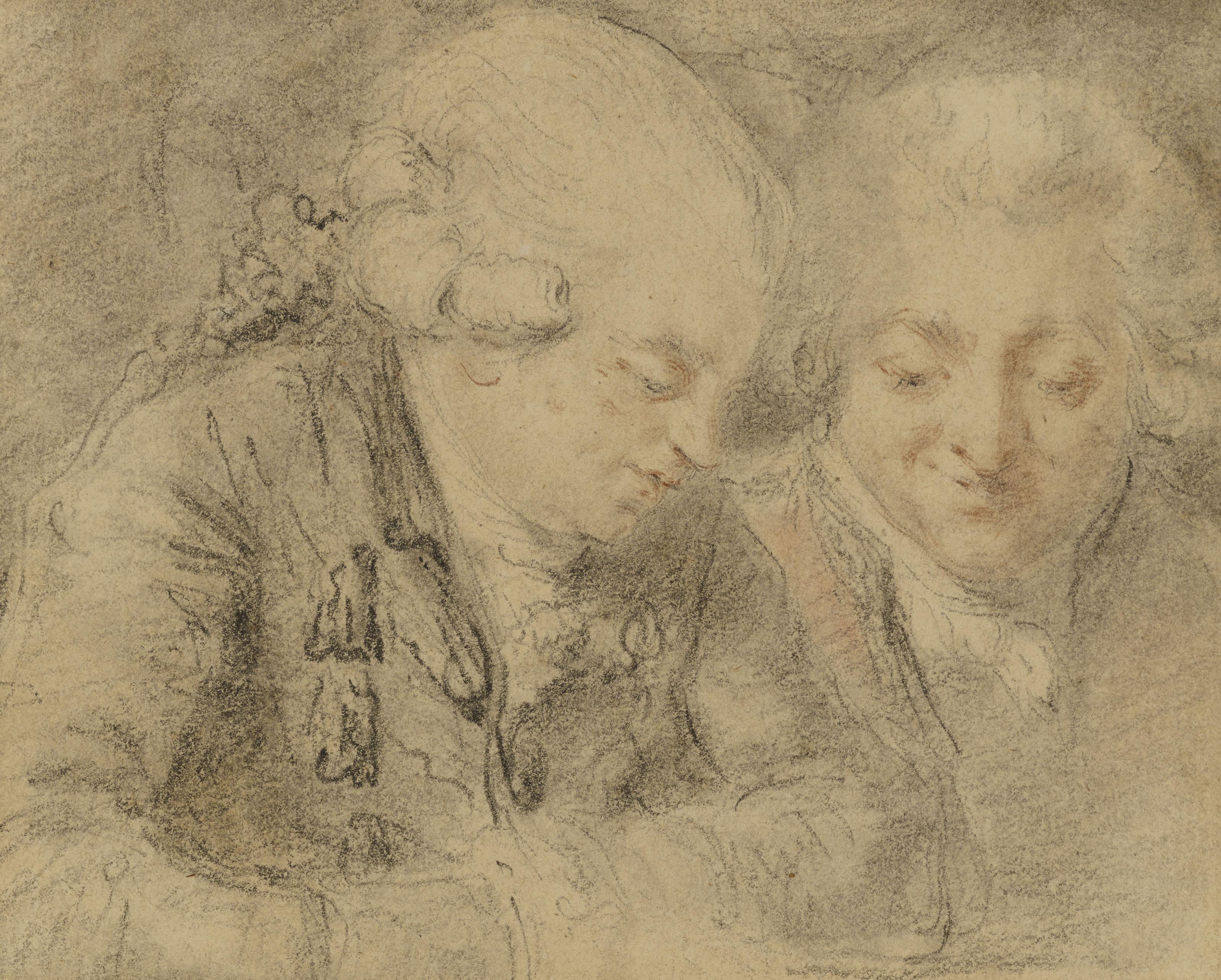 Gabriel-Jacques De Saint-Aubin - Portrait du marquis de Montalembert et du présumé président de Neuval (recto); Croquis d\'un putto à dos d\'aigle et d\'un homme, de profil, coiffé d\'un casque à plume (verso)
